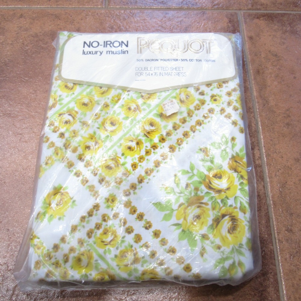 Vintage Pequot Muslin Floral Berkley Square Double Fitted Sheet NEW‎ MCM Retro